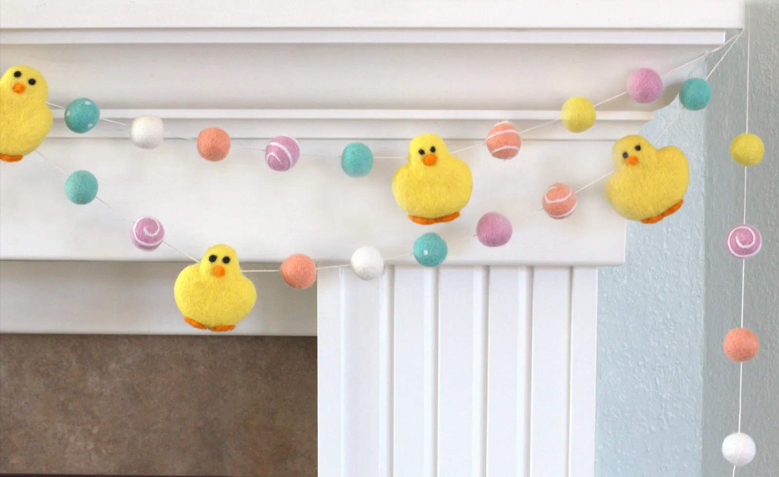 Easter Chick Felt Ball Garland- Pink, Peach, Turquoise, Yellow