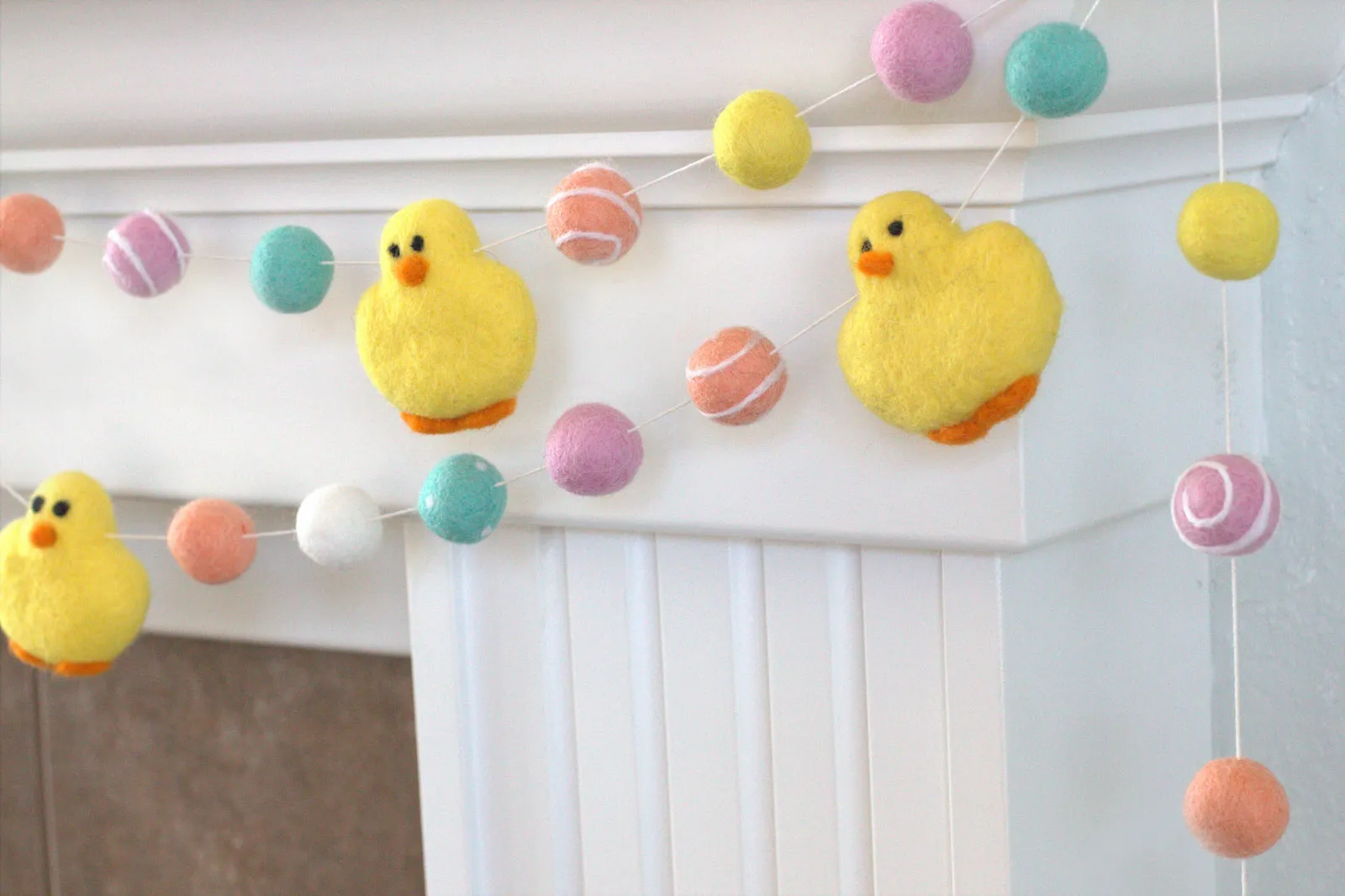 Easter Chick Felt Ball Garland- Pink, Peach, Turquoise, Yellow