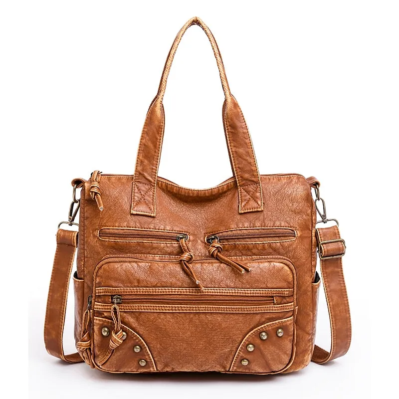 Faux Leather Stud Tote Shoulder Bag - Brown