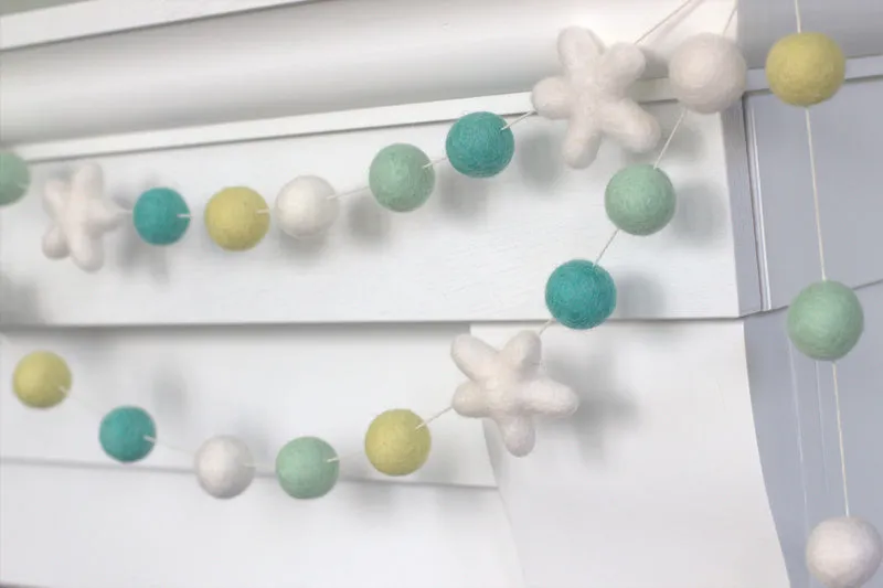 Felt Ball & Star Garland- Turquoise Yellow White