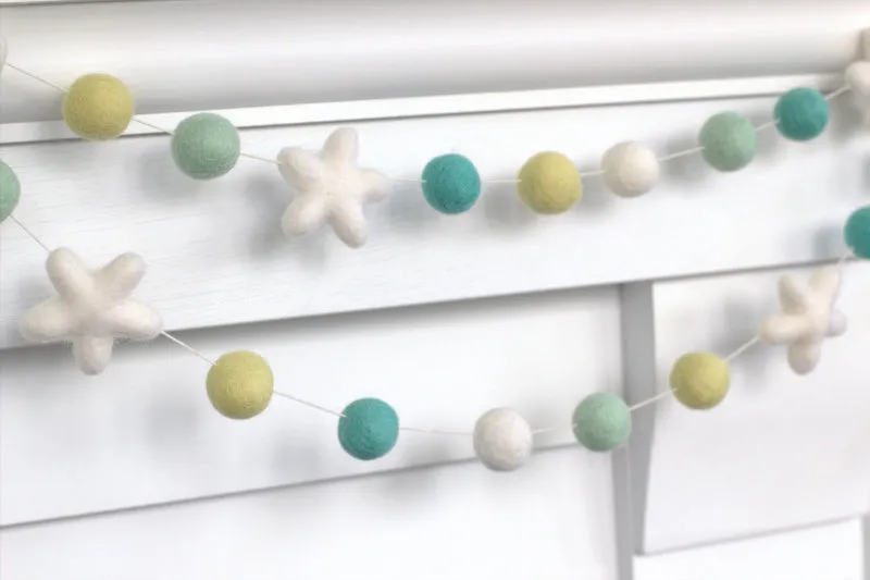 Felt Ball & Star Garland- Turquoise Yellow White