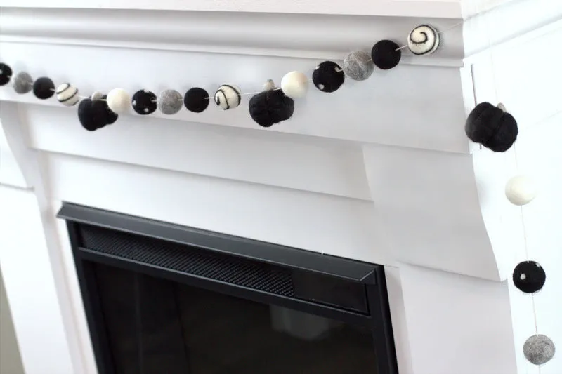 Felt Pumpkin Garland- Black, Gray, White Dots & Swirls