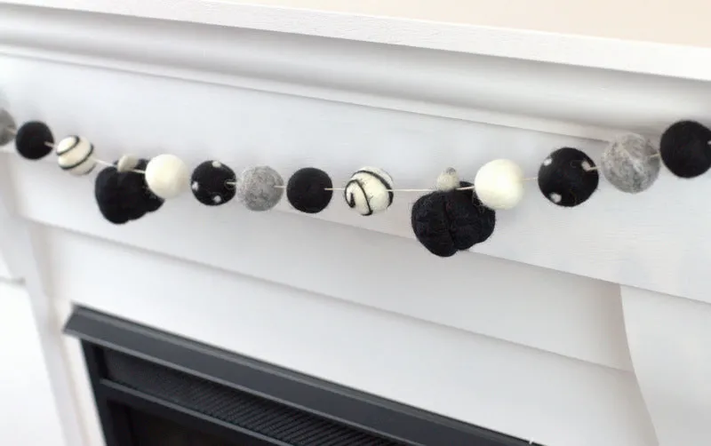 Felt Pumpkin Garland- Black, Gray, White Dots & Swirls