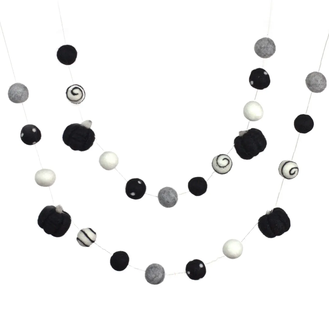 Felt Pumpkin Garland- Black, Gray, White Dots & Swirls