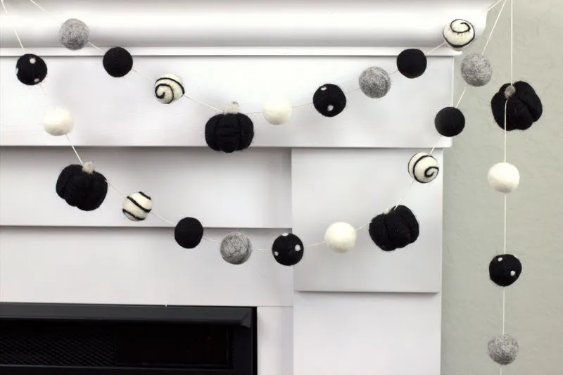 Felt Pumpkin Garland- Black, Gray, White Dots & Swirls