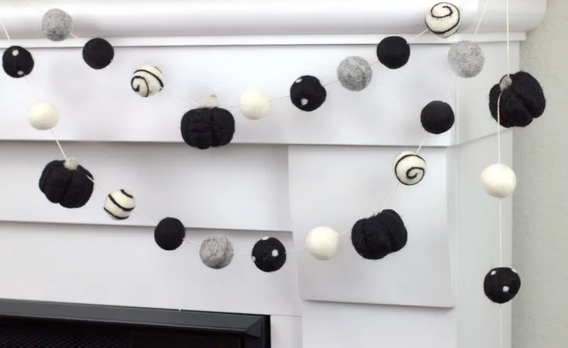 Felt Pumpkin Garland- Black, Gray, White Dots & Swirls