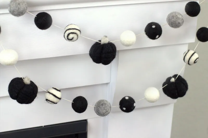 Felt Pumpkin Garland- Black, Gray, White Dots & Swirls