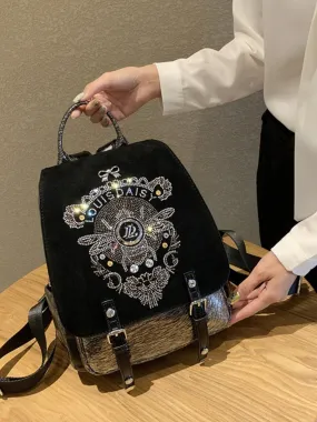 Genuine leather embroidery leather backpack large capacity travel bag