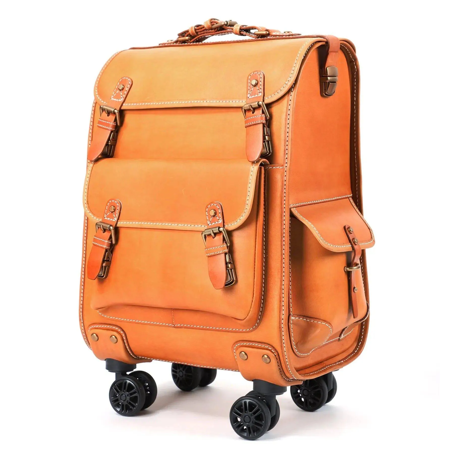 Genuine Vintage Vegetable Tanned Leather Check-In  Carry On Business Rolling Bag Rotate Universal Wheel 23 Inch Leather Business Trolley Bag