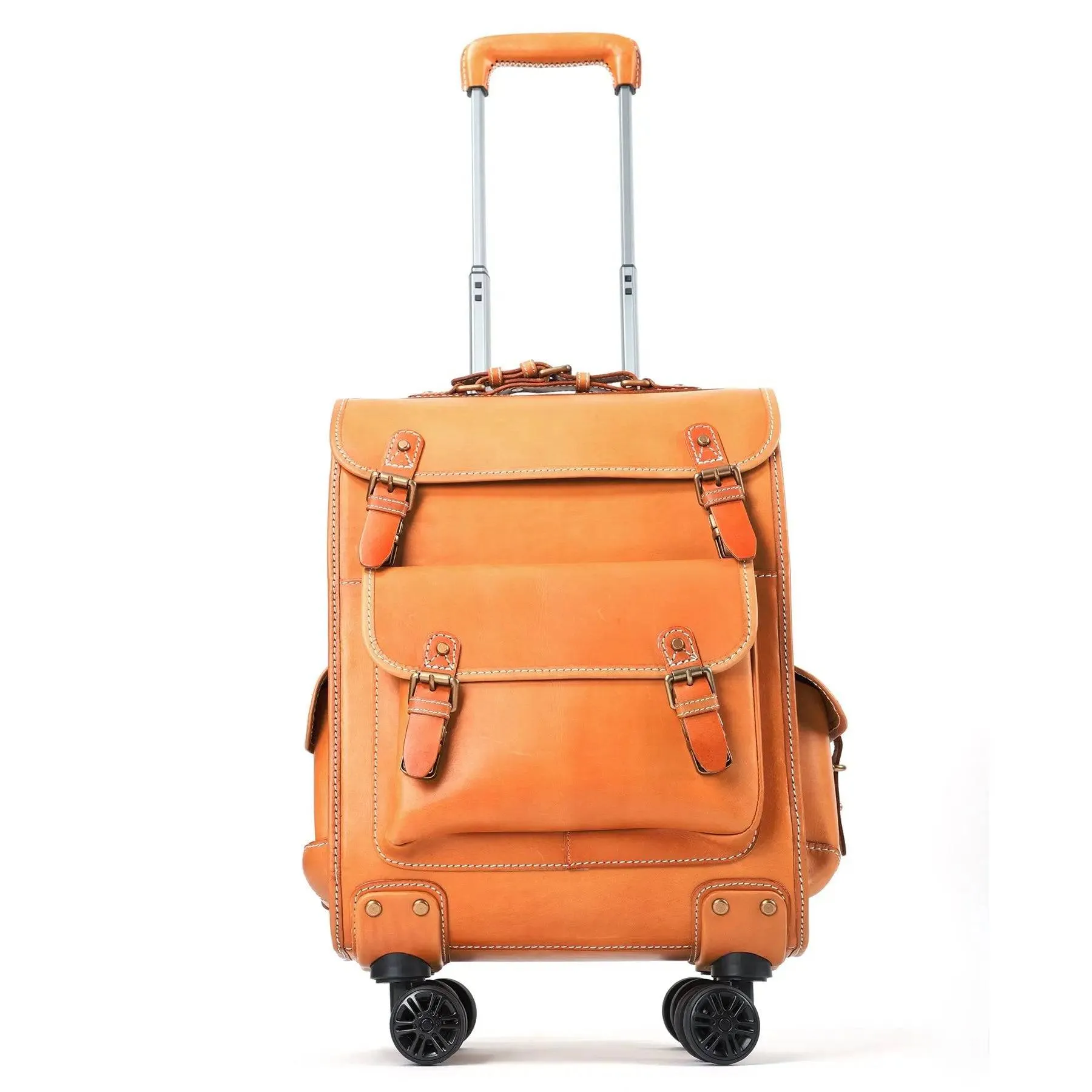 Genuine Vintage Vegetable Tanned Leather Check-In  Carry On Business Rolling Bag Rotate Universal Wheel 23 Inch Leather Business Trolley Bag