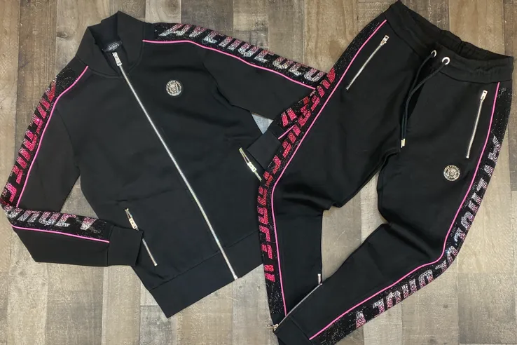 George V- zip up studded strip sweatsuit (black/pink)