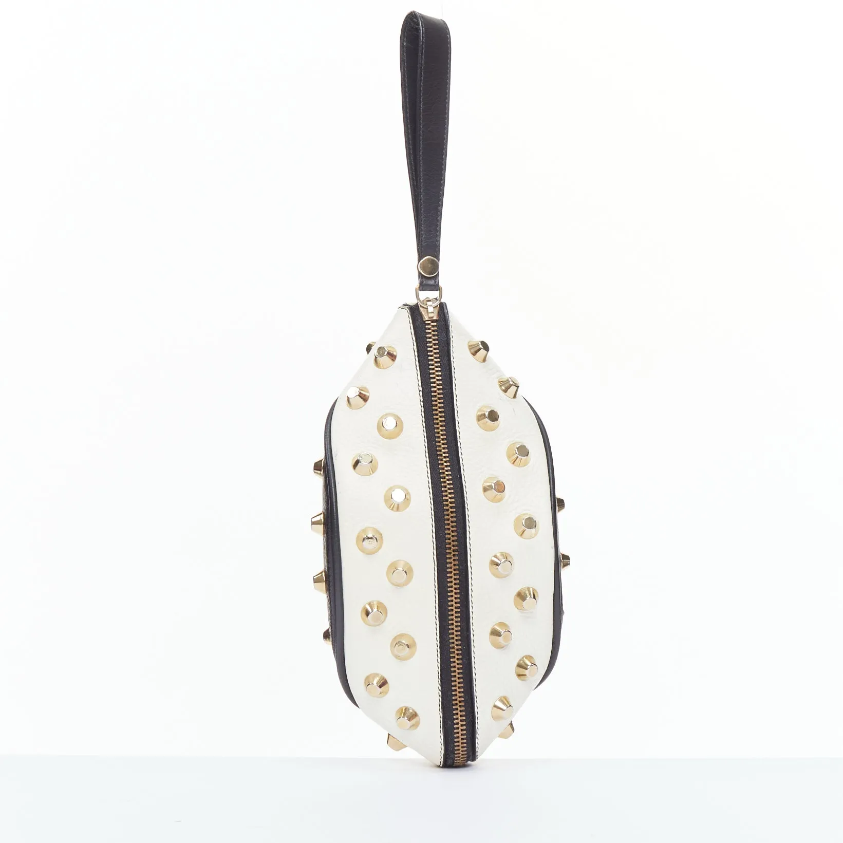 GIANCARLO PETRIGLIA white back leather gold studded wristlet clutch bag