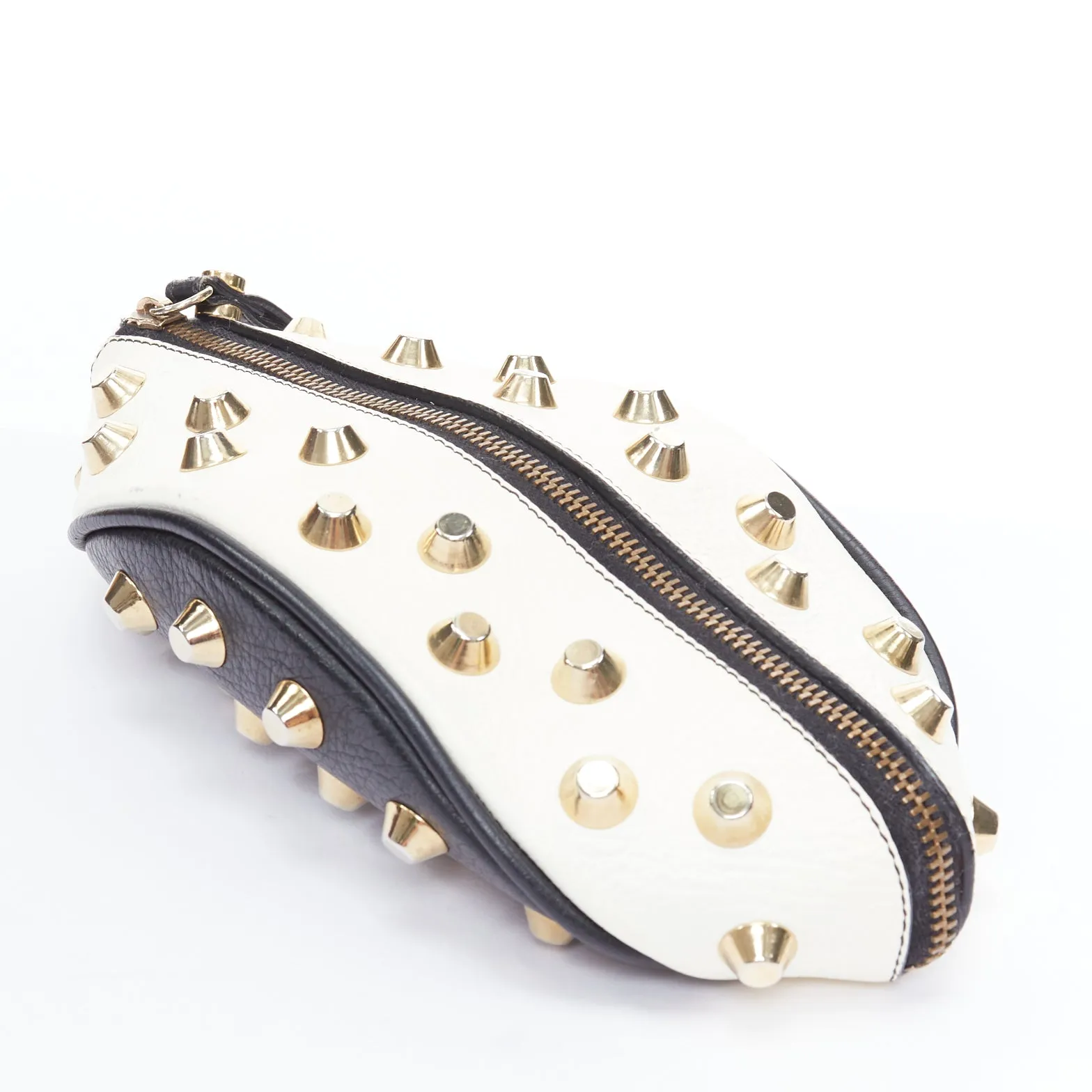 GIANCARLO PETRIGLIA white back leather gold studded wristlet clutch bag