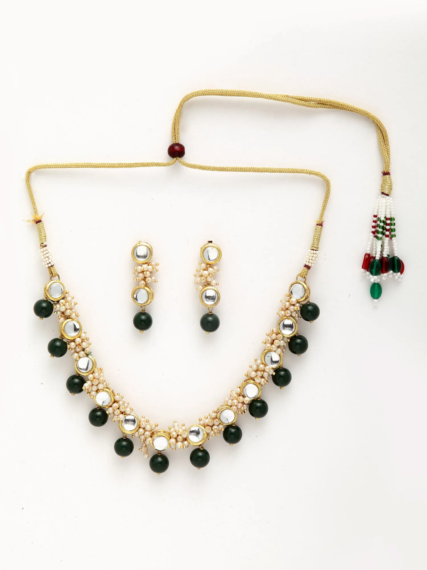 Gold-Plated Green Beads and Pearl Ball Studded Handcrafted Kundan Necklace Set