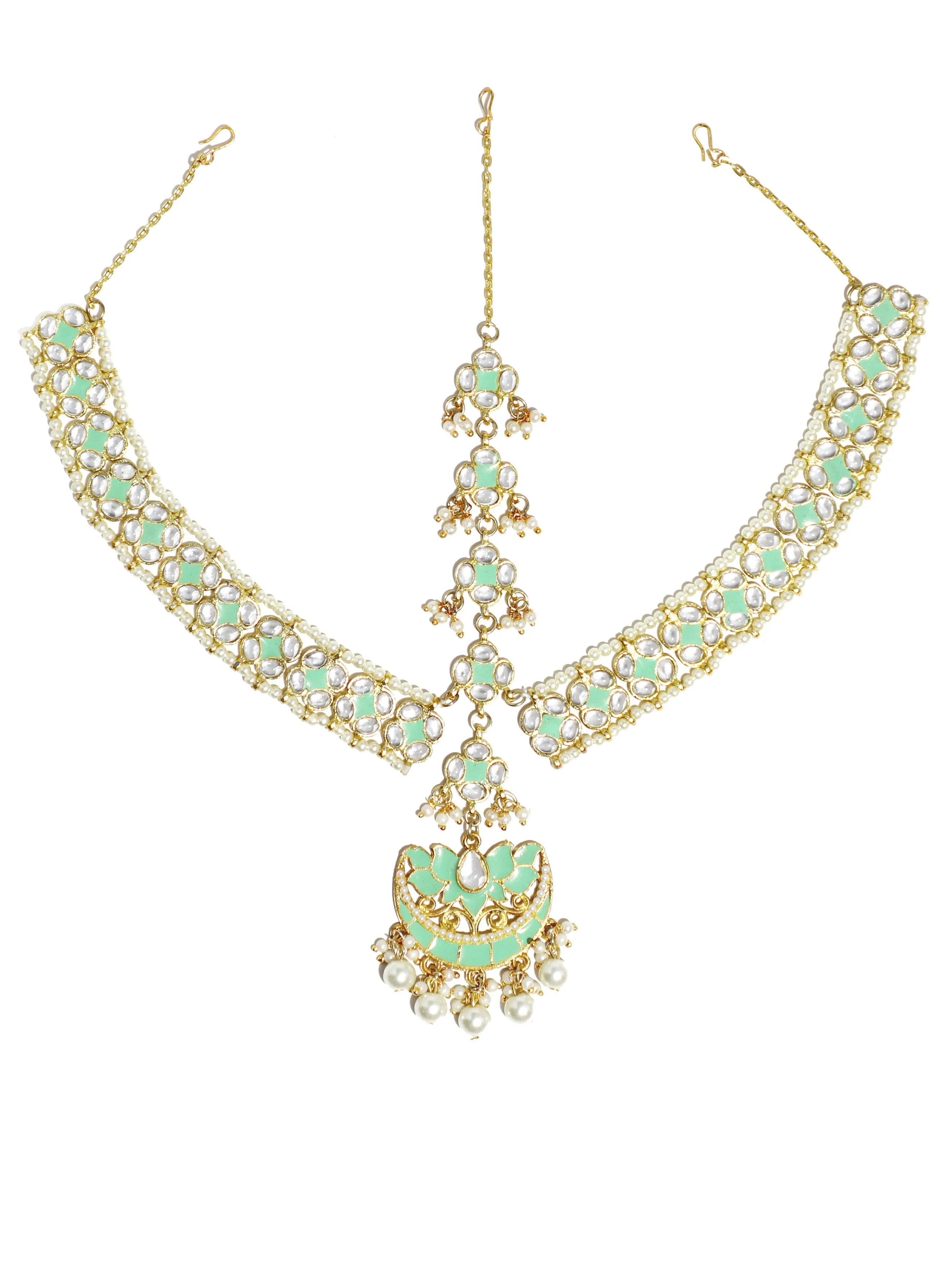 Gold-Plated Lime Green Kundan Studded Meenakari Mathapatti