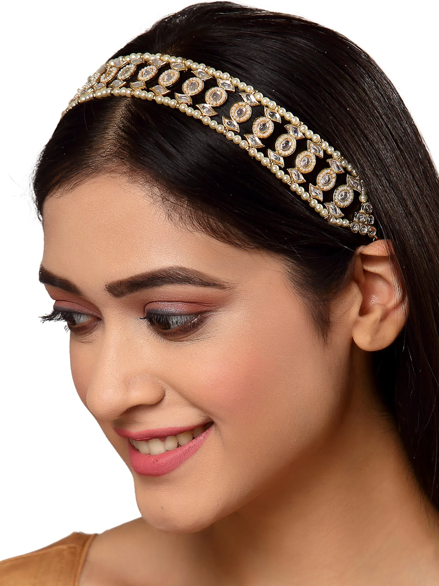 Gold Plated Pearl Ball Studded Eanamelled Kundan Hairband