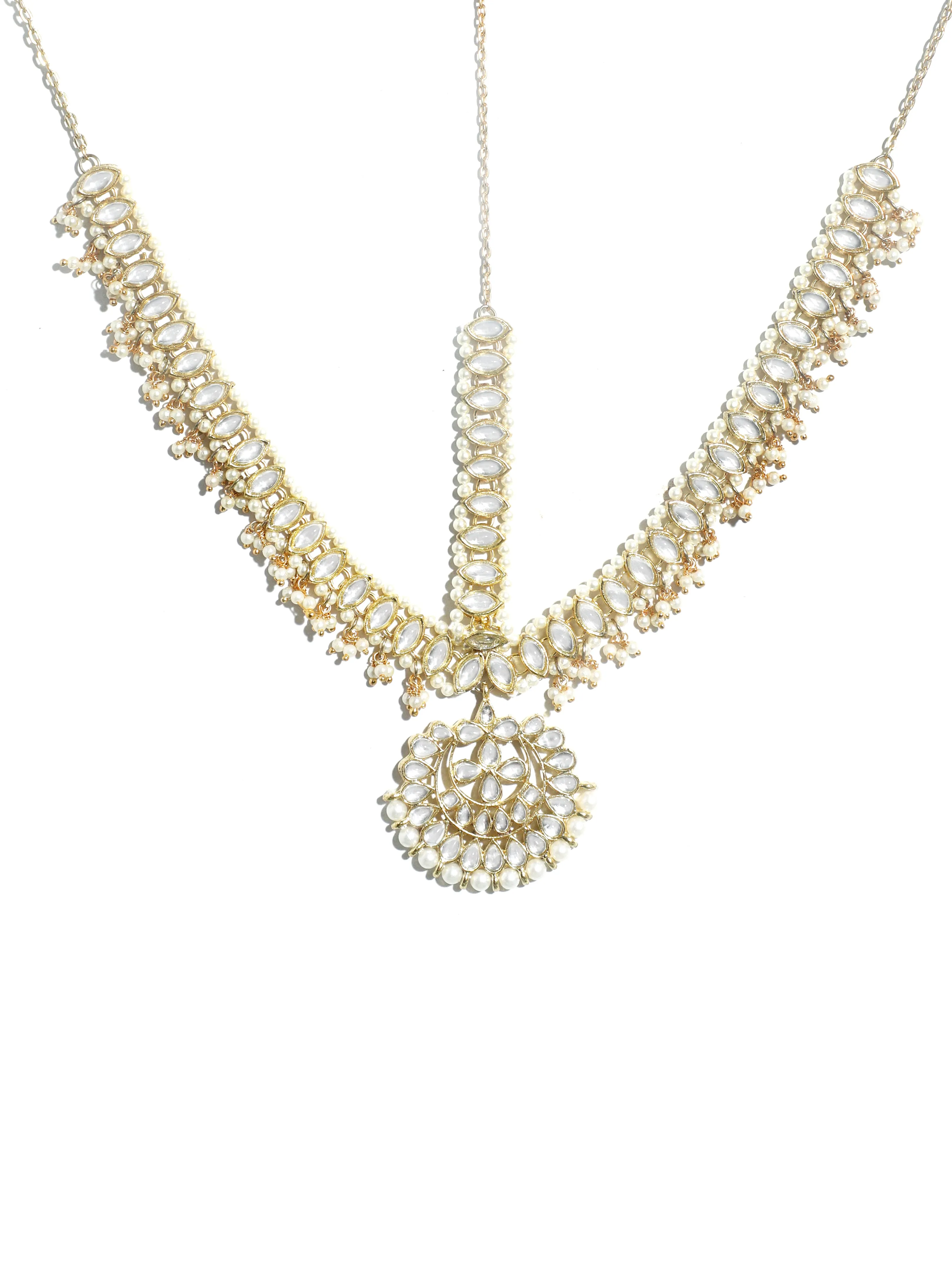 Gold-Tone Pearl Beads and Kundan Studded Tassel Mathapatti