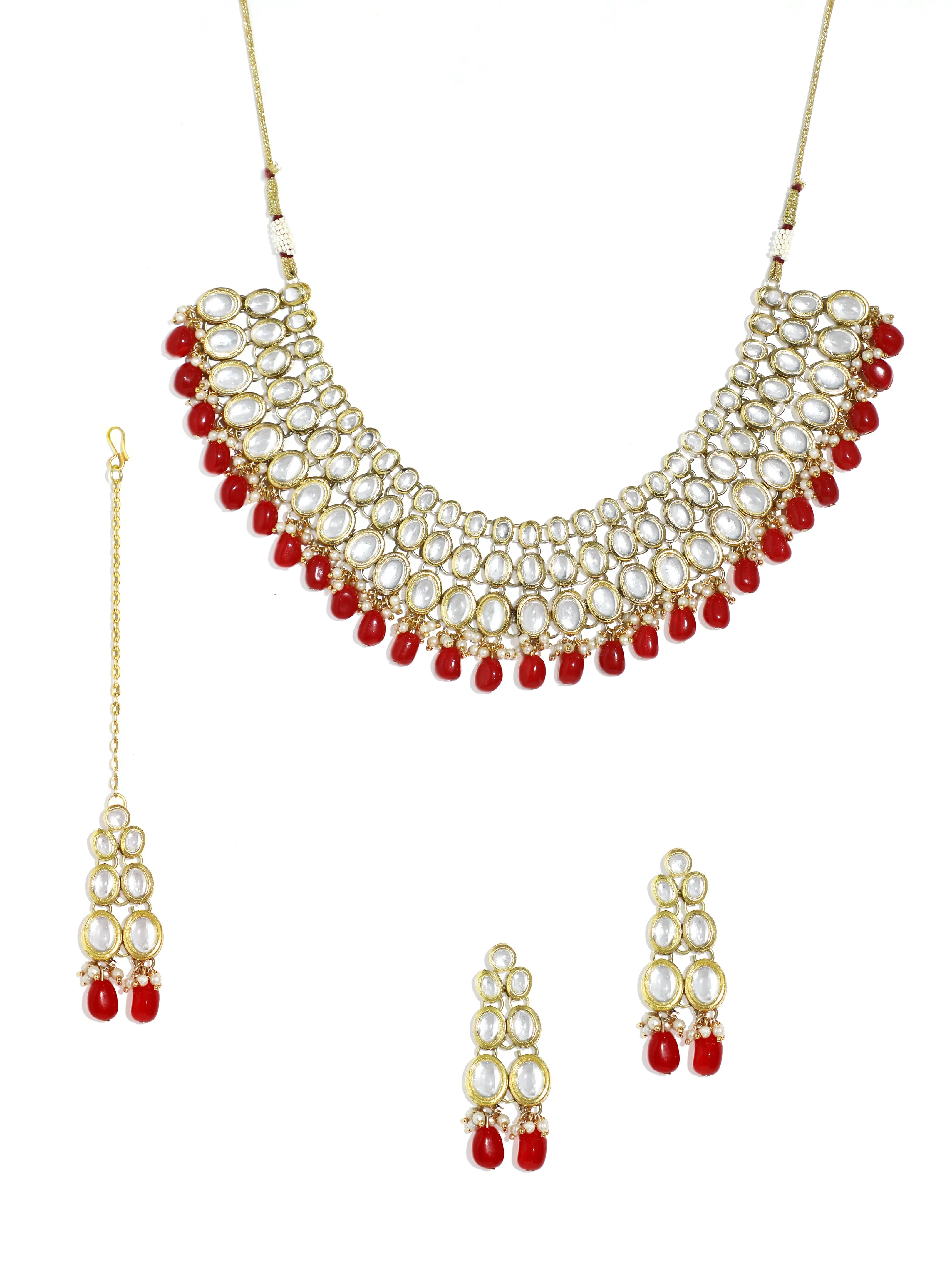 Gold-Tone Traditional Red Stone Studded Kundan Necklace Set