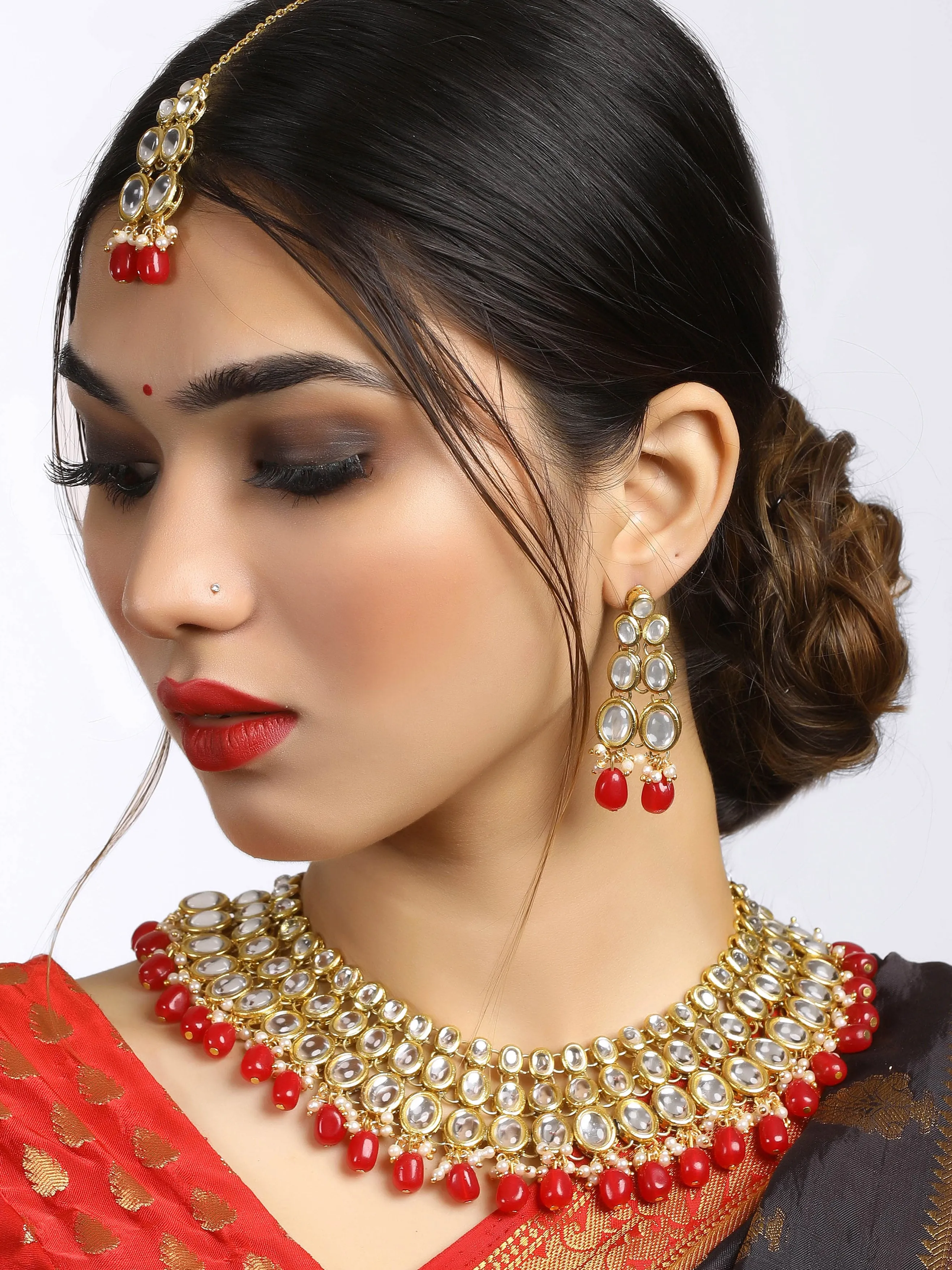 Gold-Tone Traditional Red Stone Studded Kundan Necklace Set