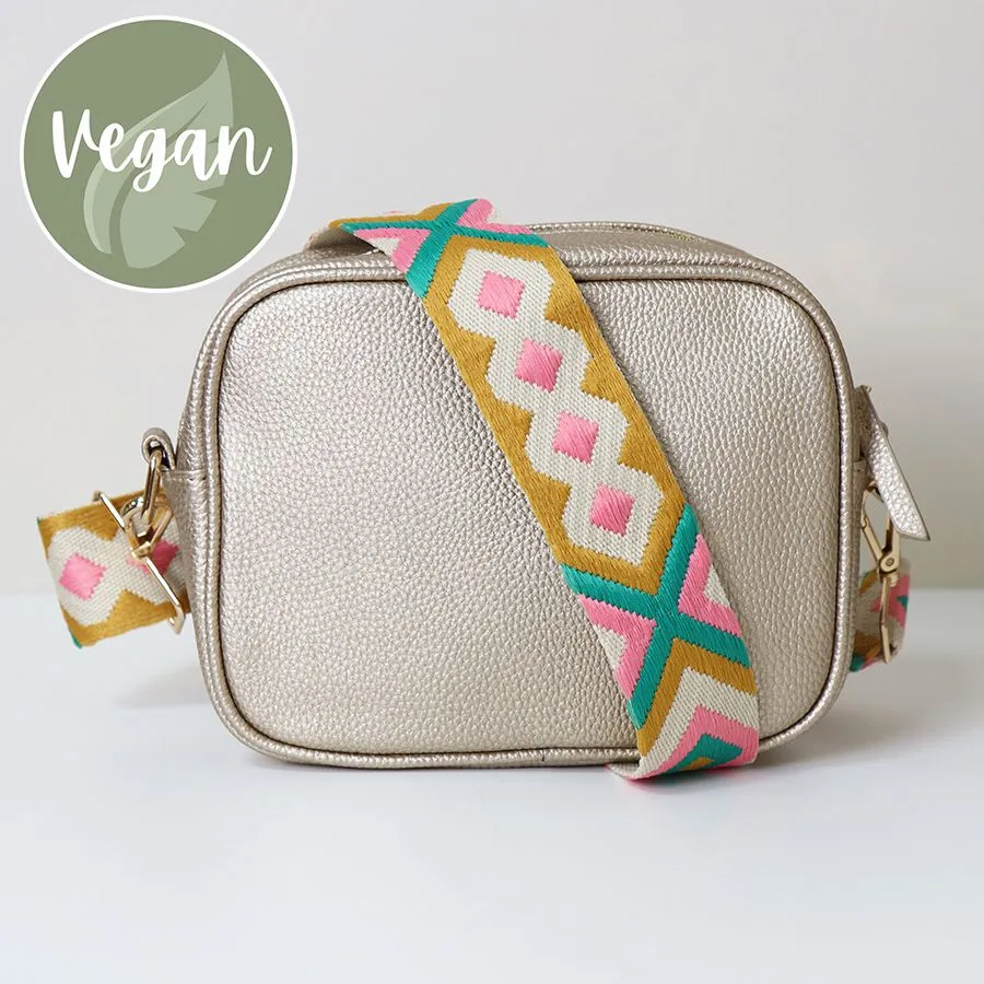 Gold Vegan Leather Crossbody Bag With Diamond Strap