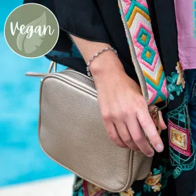 Gold Vegan Leather Crossbody Bag With Diamond Strap