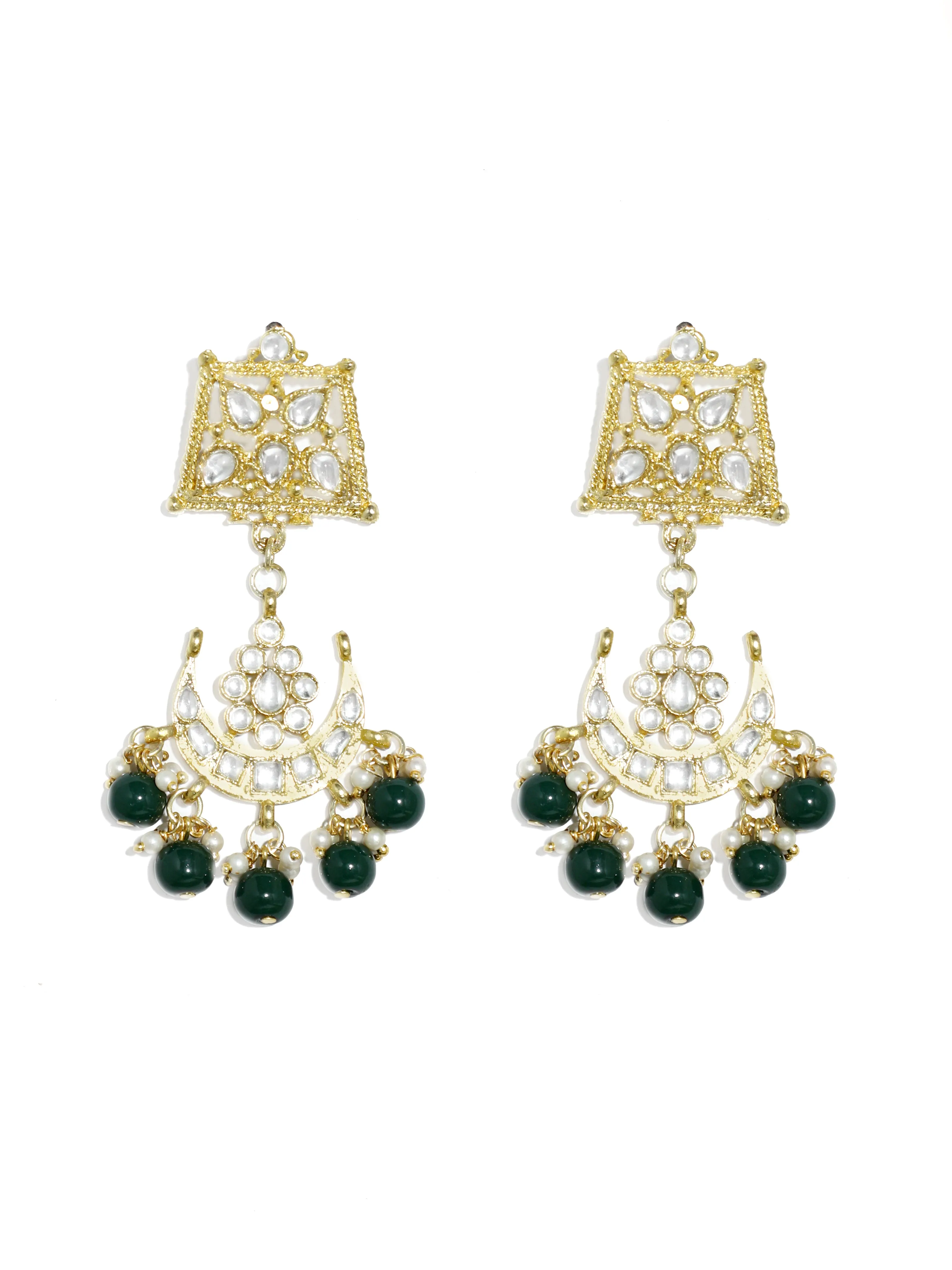 Green Gold-Plated Stone Studded Beaded Jewellery Set