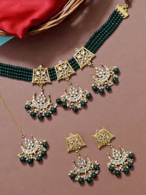 Green Gold-Plated Stone Studded Beaded Jewellery Set