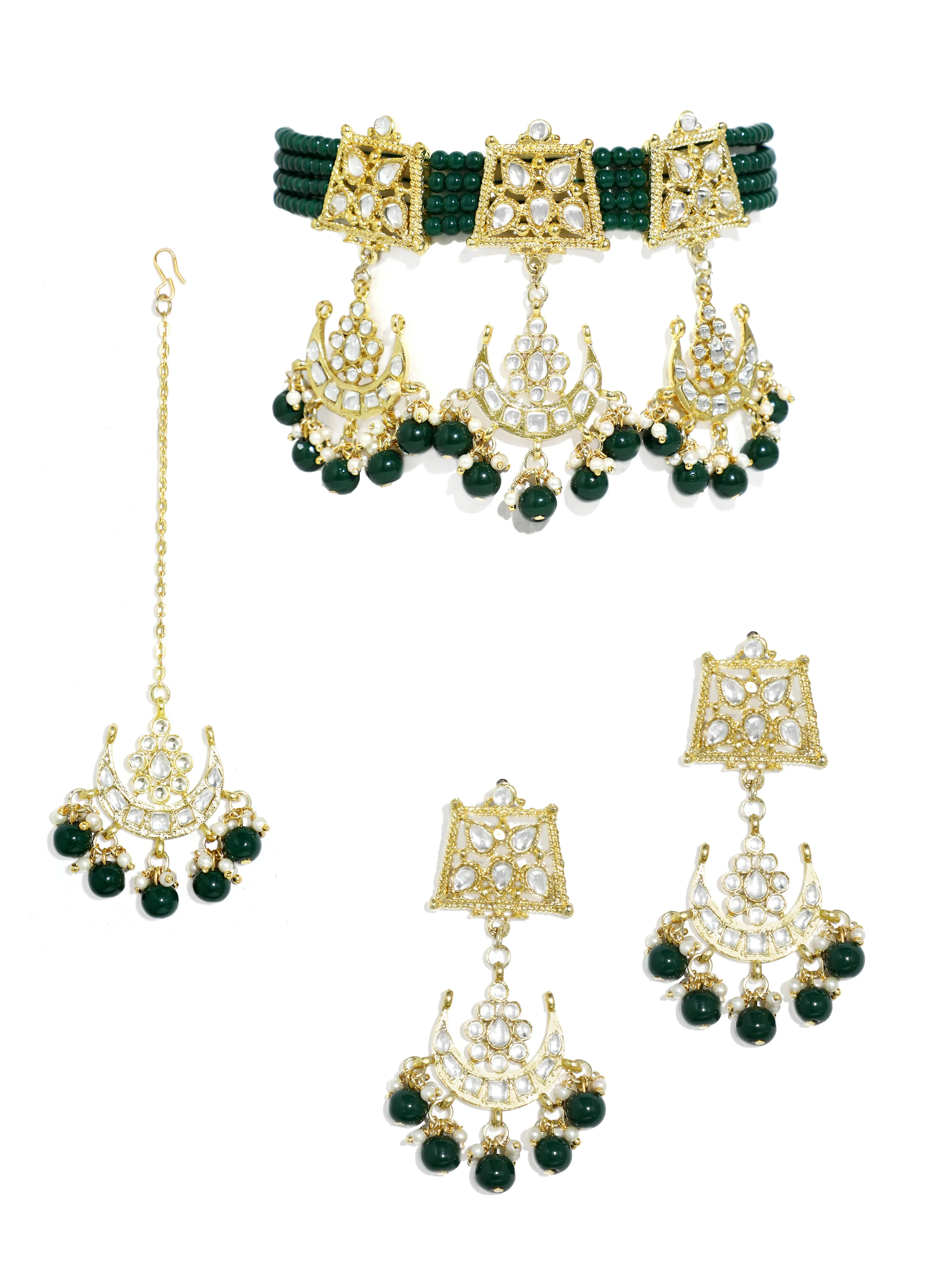 Green Gold-Plated Stone Studded Beaded Jewellery Set