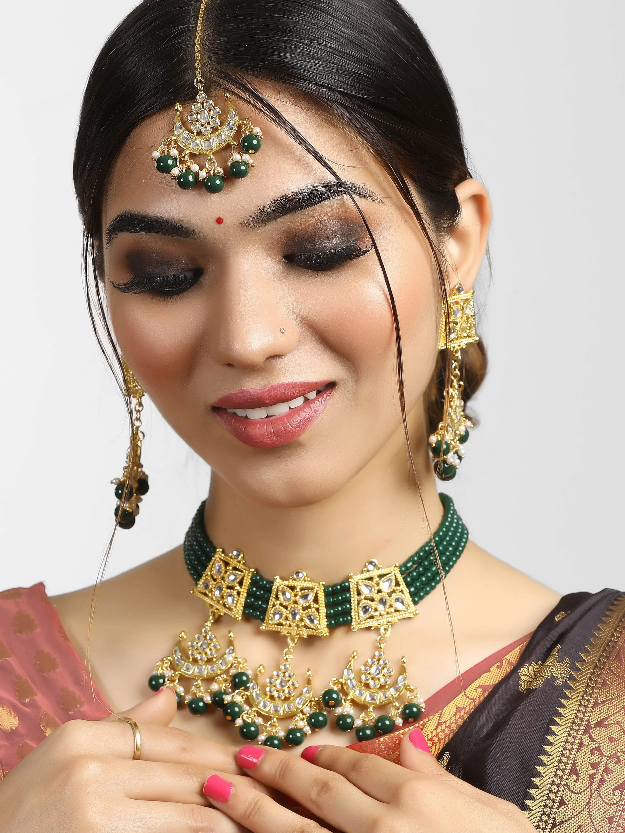 Green Gold-Plated Stone Studded Beaded Jewellery Set