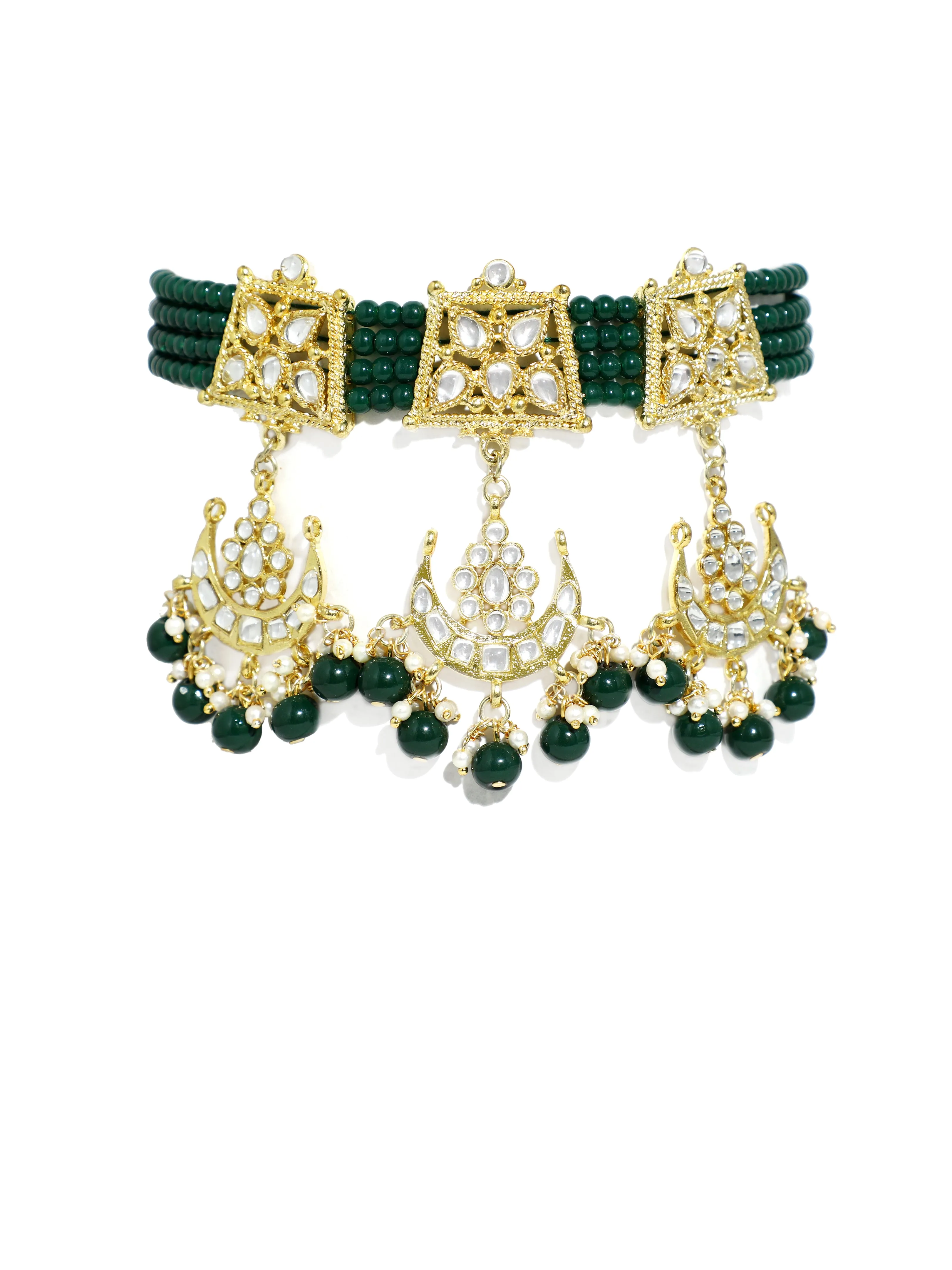 Green Gold-Plated Stone Studded Beaded Jewellery Set