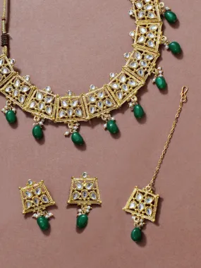 Green Stone Studded Gold-Plated Kundan Necklace Set