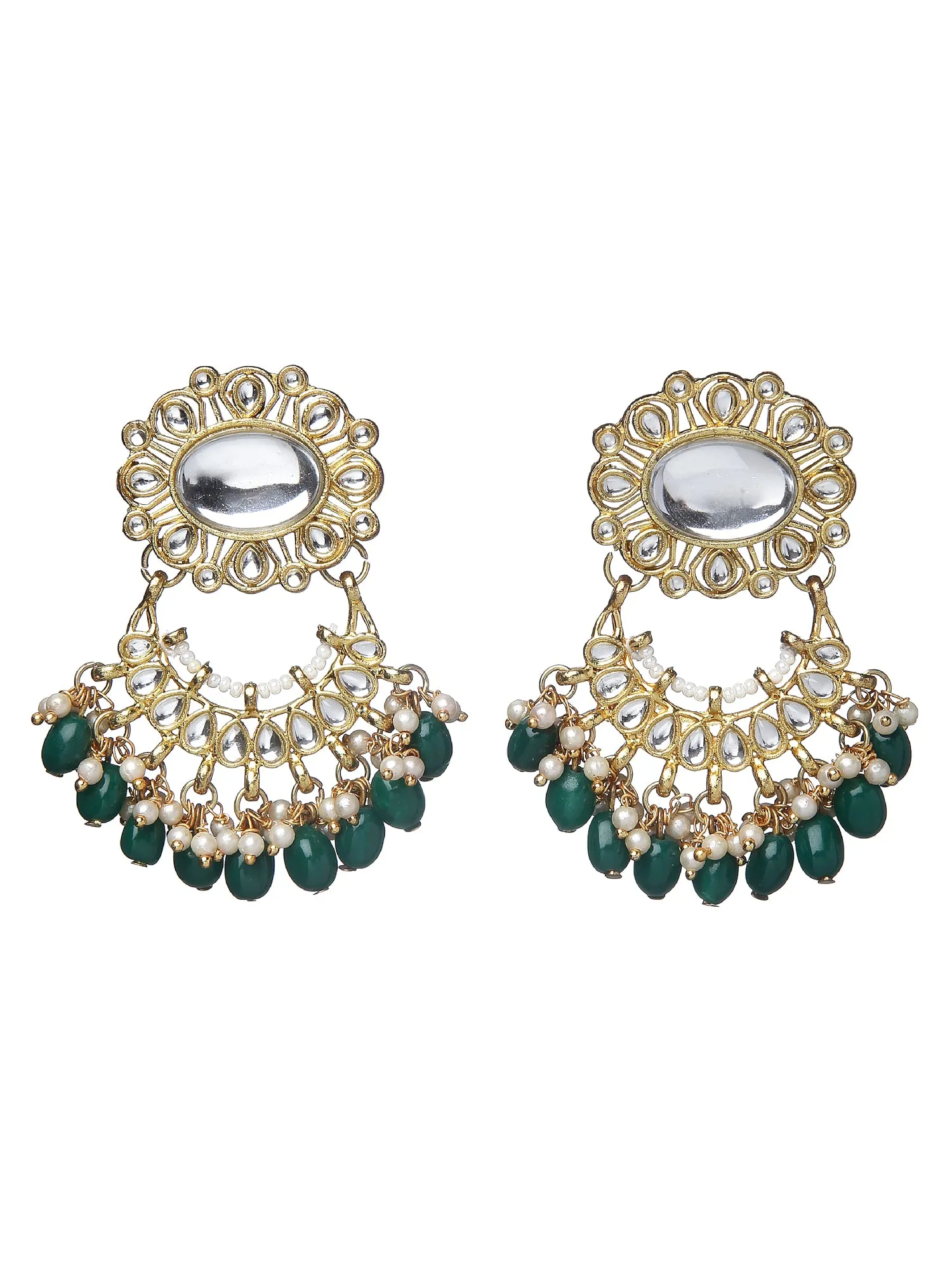 Green Tumble Stone Studded Kundan Dangler Earrings