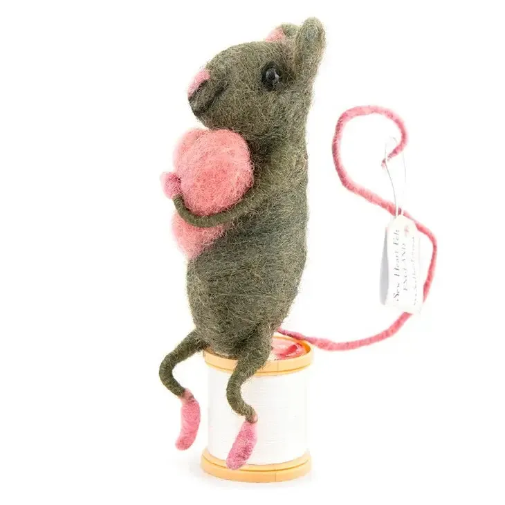 Handcrafted Hugging Pink Heart, Sitting Felt Mouse, Nepal