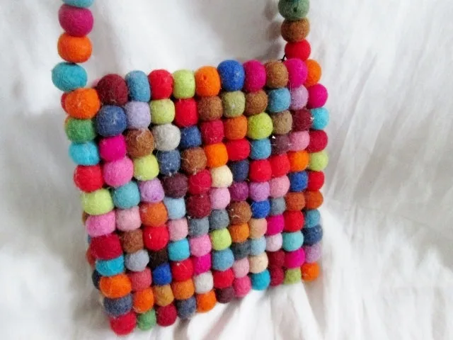 Handmade Boiled Wool Vegan POM POM Crossbody Shoulder Bag COLORFUL Multi-Color