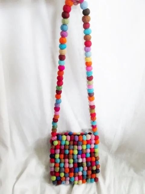 Handmade Boiled Wool Vegan POM POM Crossbody Shoulder Bag COLORFUL Multi-Color