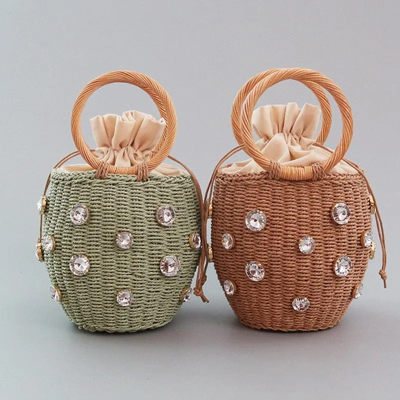 Handmade Rhinestone Crystal Embellished Mini Straw Bucket Bag-WM0313