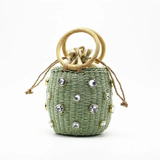 Handmade Rhinestone Crystal Embellished Mini Straw Bucket Bag-WM0313