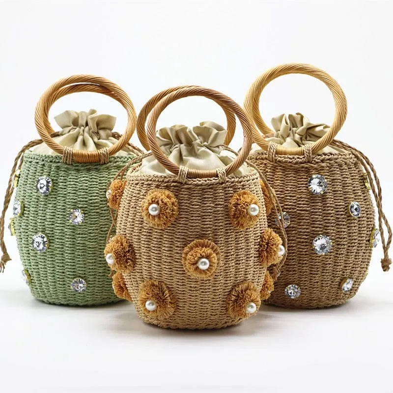 Handmade Rhinestone Crystal Embellished Mini Straw Bucket Bag-WM0313