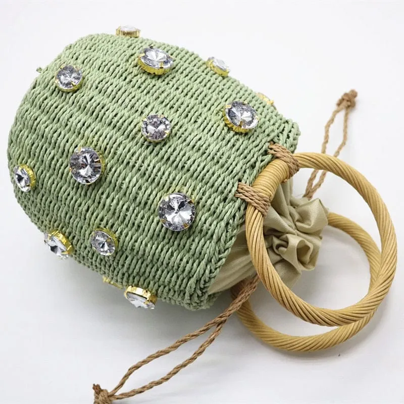 Handmade Rhinestone Crystal Embellished Mini Straw Bucket Bag-WM0313