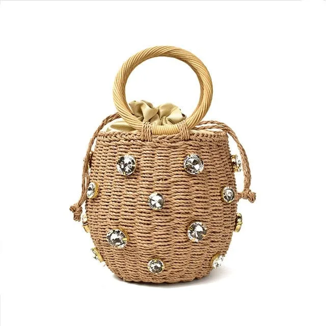 Handmade Rhinestone Crystal Embellished Mini Straw Bucket Bag-WM0313