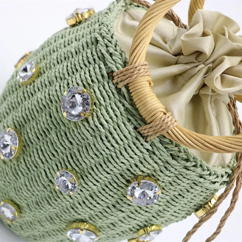 Handmade Rhinestone Crystal Embellished Mini Straw Bucket Bag-WM0313