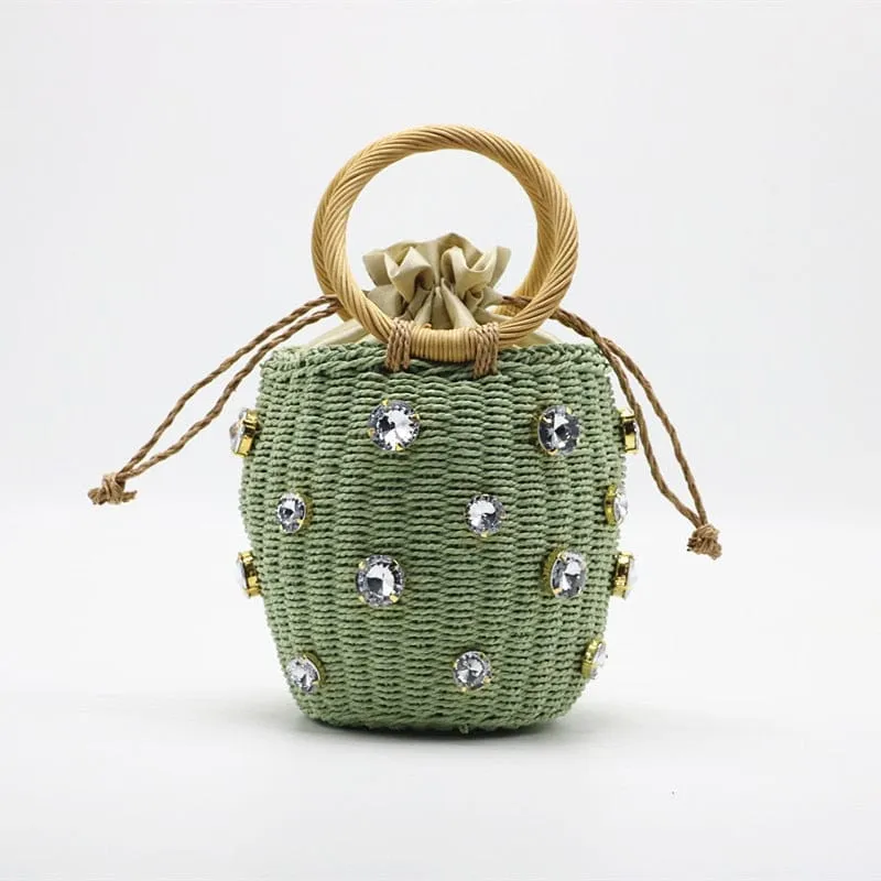 Handmade Rhinestone Crystal Embellished Mini Straw Bucket Bag-WM0313