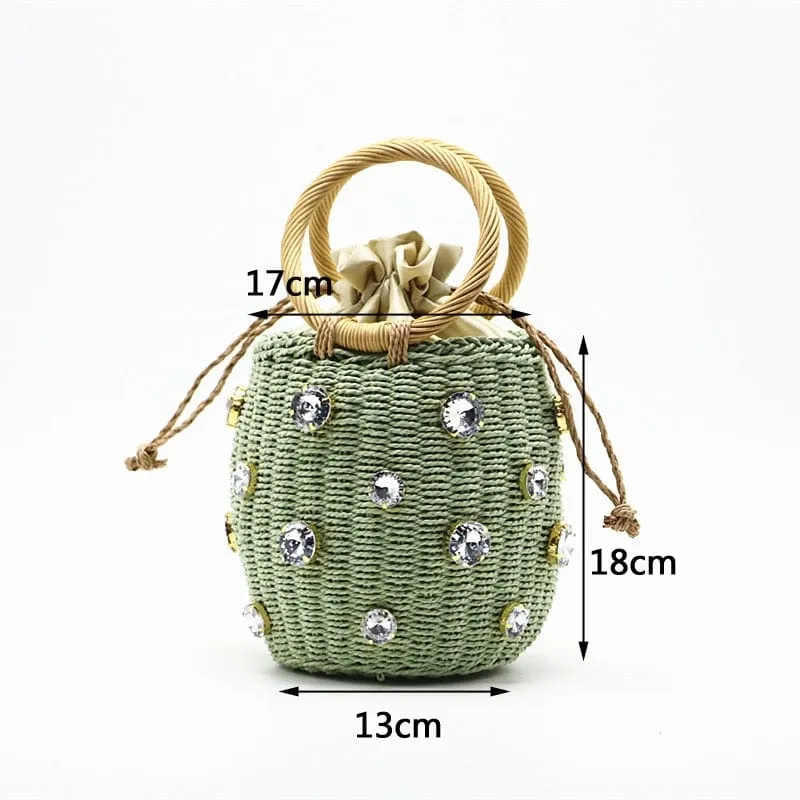 Handmade Rhinestone Crystal Embellished Mini Straw Bucket Bag-WM0313