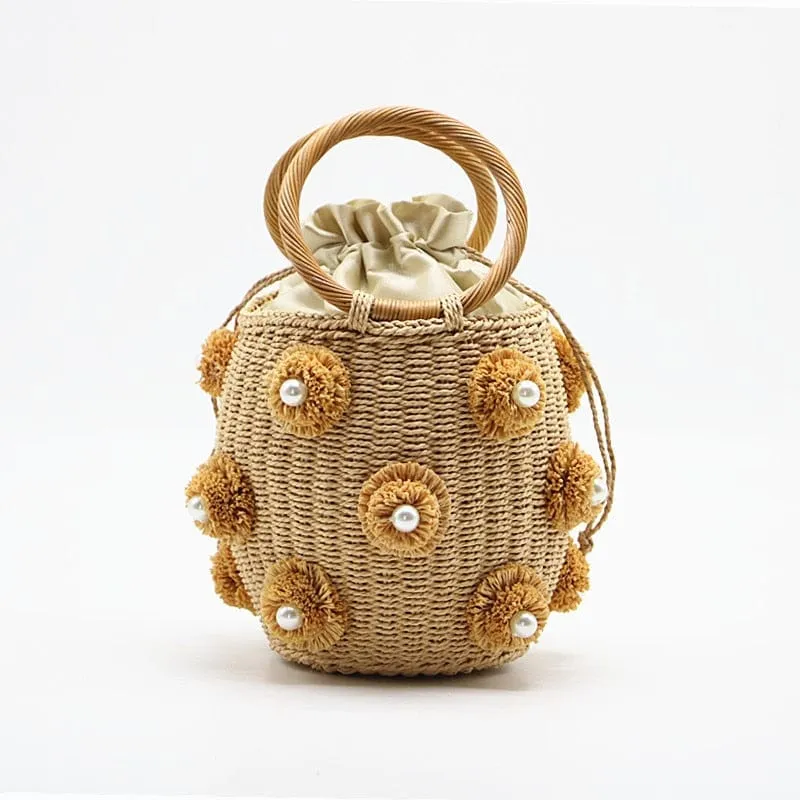 Handmade Rhinestone Crystal Embellished Mini Straw Bucket Bag-WM0313