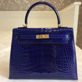 Hermès Kelly 25 Bleu Electrique Sellier Alligator Mississippi Lisse