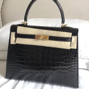 Hermès Kelly 25 Noir (Black) Sellier Alligator Mississippi Lisse Gold Hardware GHW