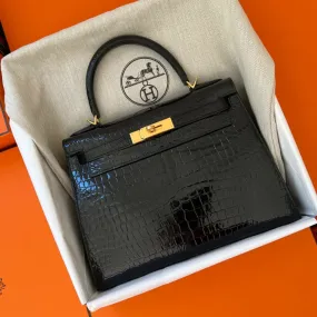 Hermès Kelly 28 Noir (Black) Sellier Crocodile Porosus Lisse Gold Hardware GHW