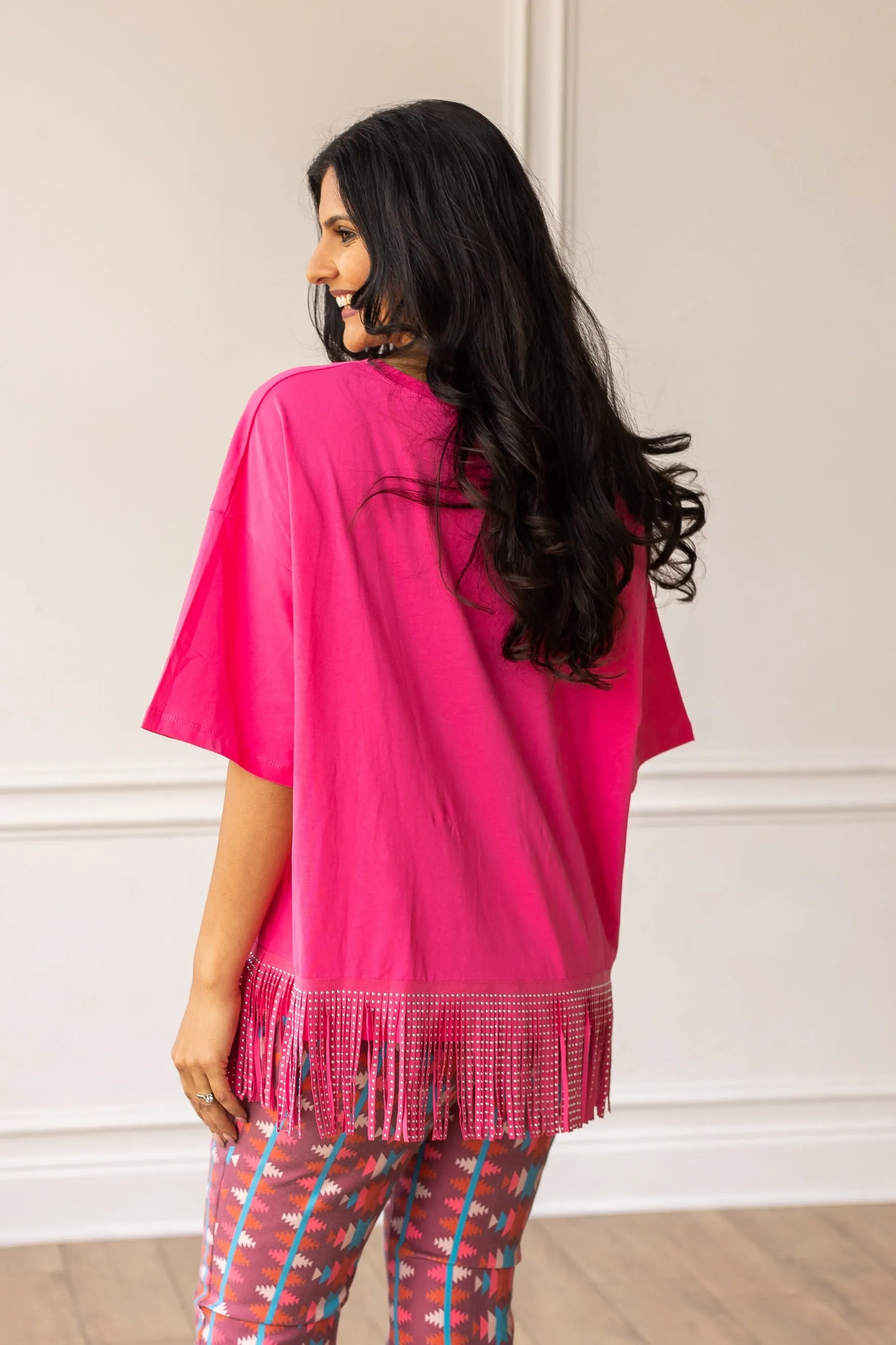 Howdy Howdy Howdy on Studded Fringe Crop Top, Hot Pink