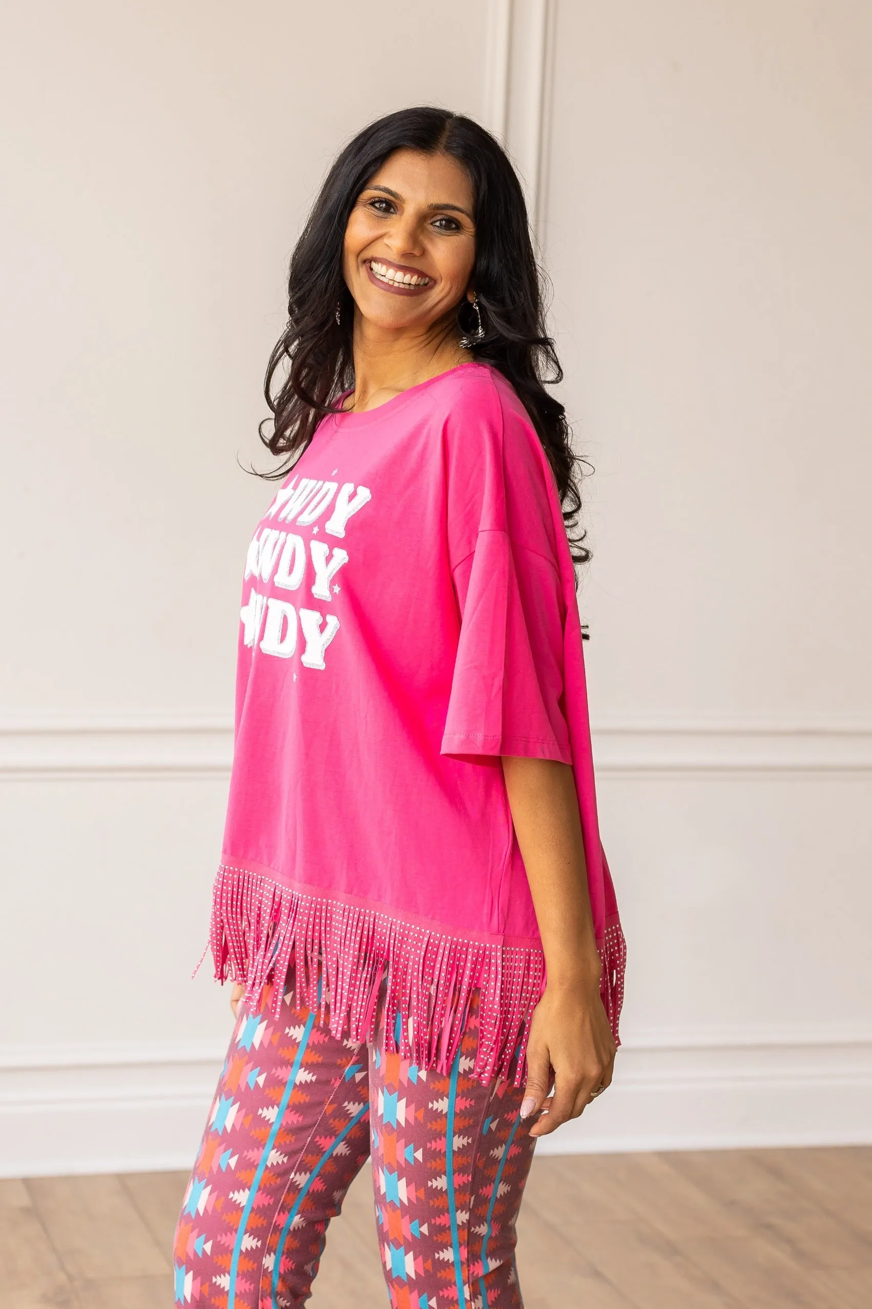 Howdy Howdy Howdy on Studded Fringe Crop Top, Hot Pink