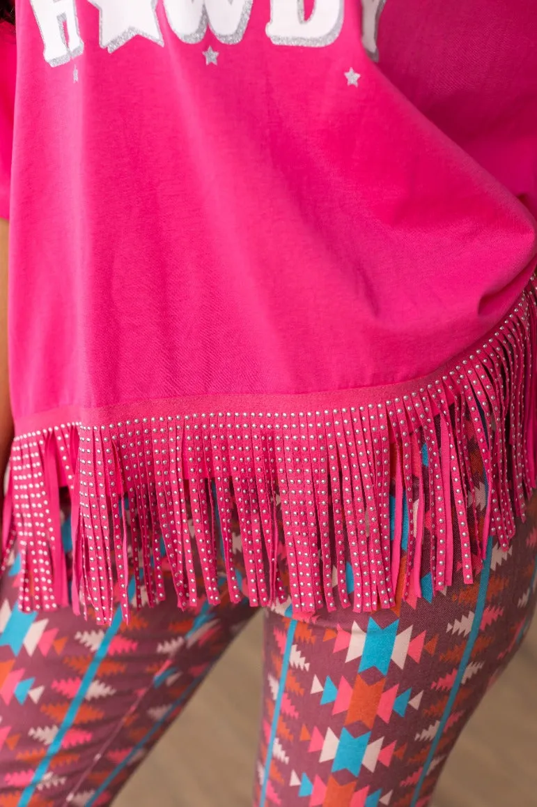 Howdy Howdy Howdy on Studded Fringe Crop Top, Hot Pink